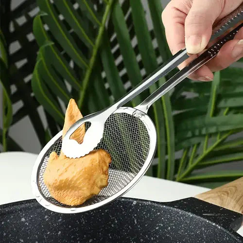 2 in 1 frying tong | imported small multi functional 2 in 1 fry tool filter spoon strainer with clip, oil frying bbq filter stainless steel mesh 2 in 1 frying tong | imported small multi functional 2 in 1 fry tool filter spoon strainer with clip, oil frying bbq filter stainless steel mesh