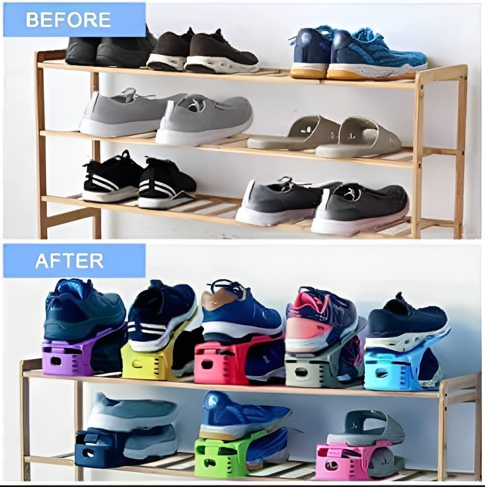 pack of 2 double layer adjustable shoe bracket storage shoe rack | 2 in 1 foldable shoe holder space saving (random color) pack of 2 double layer adjustable shoe bracket storage shoe rack | 2 in 1 foldable shoe holder space saving (random color)