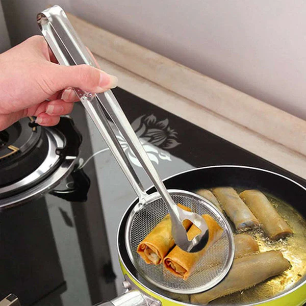 2 in 1 frying tong | imported small multi functional 2 in 1 fry tool filter spoon strainer with clip, oil frying bbq filter stainless steel mesh 2 in 1 frying tong | imported small multi functional 2 in 1 fry tool filter spoon strainer with clip, oil frying bbq filter stainless steel mesh