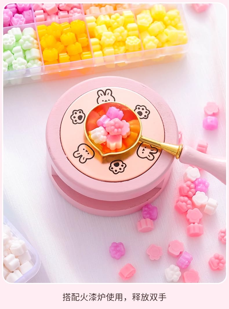 wax set with 3 different brass stamps with holder spoon candle heating stand (10 colors wax about 520 beans) wax set with 3 different brass stamps with holder spoon candle heating stand (10 colors wax about 520 beans)