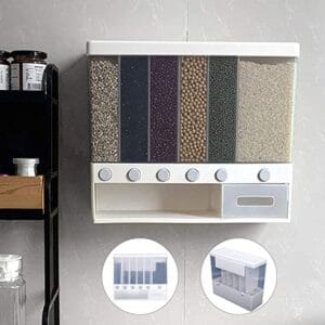 6 in 1 wall mounted food dispenser – airtight dry food storage container for kitchen | multi section cereal, rice & grain organizer