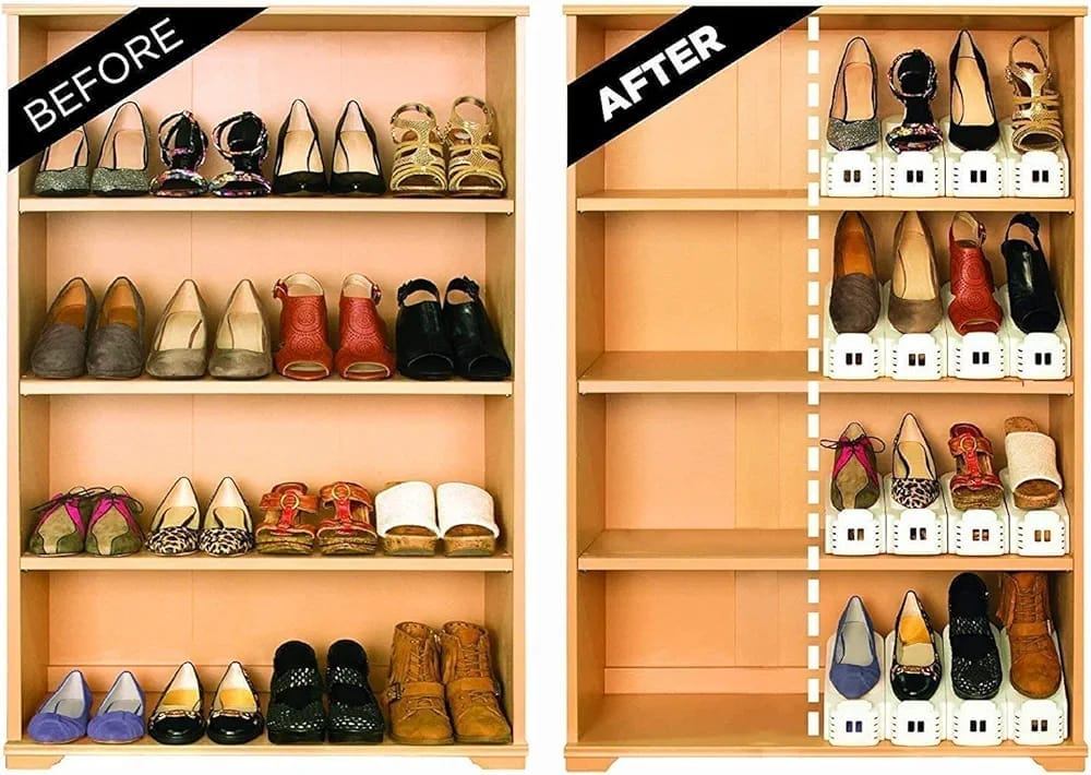 pack of 2 double layer adjustable shoe bracket storage shoe rack | 2 in 1 foldable shoe holder space saving (random color) pack of 2 double layer adjustable shoe bracket storage shoe rack | 2 in 1 foldable shoe holder space saving (random color)