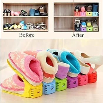 pack of 2 double layer adjustable shoe bracket storage shoe rack | 2 in 1 foldable shoe holder space saving (random color) pack of 2 double layer adjustable shoe bracket storage shoe rack | 2 in 1 foldable shoe holder space saving (random color)