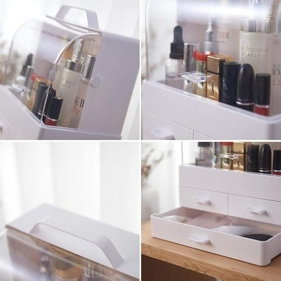 makeup organizer modern cosmetic white storage box | portable handle fully open waterproof lid dust proof 3 drawers great for bathroom, dresser, counter top makeup organizer modern cosmetic white storage box | portable handle fully open waterproof lid dust proof 3 drawers great for bathroom, dresser, counter top