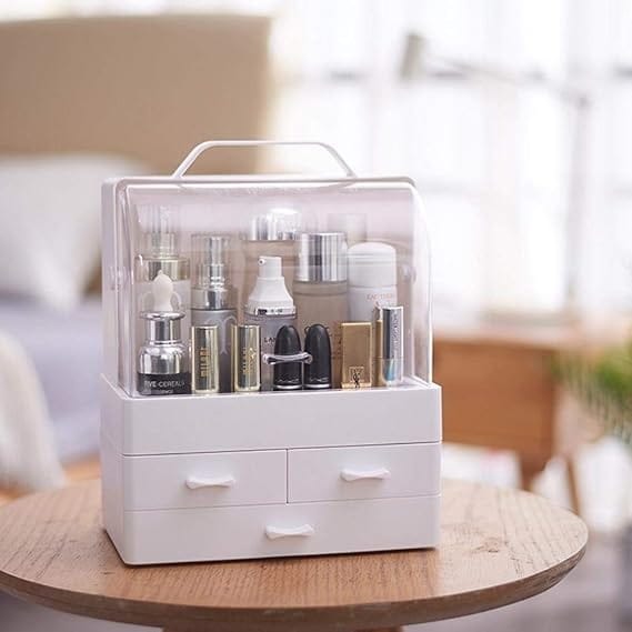 makeup organizer modern cosmetic white storage box | portable handle fully open waterproof lid dust proof 3 drawers great for bathroom, dresser, counter top makeup organizer modern cosmetic white storage box | portable handle fully open waterproof lid dust proof 3 drawers great for bathroom, dresser, counter top