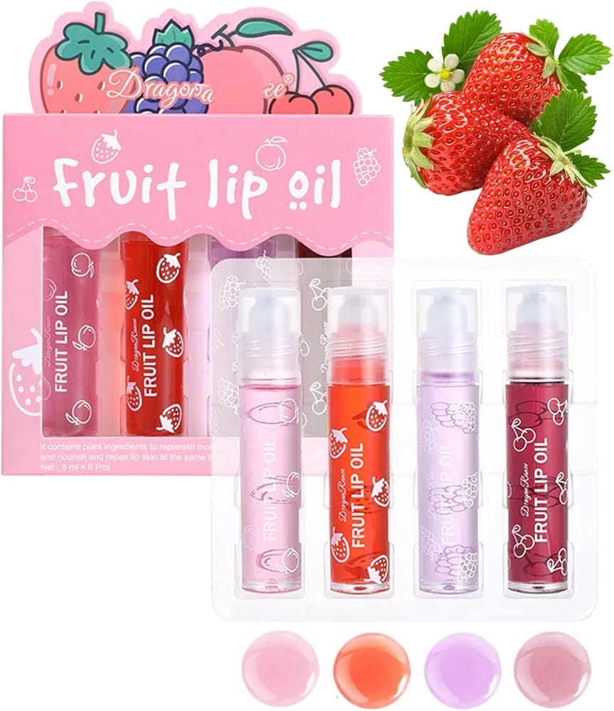 pack of 4 fruit lip oil non sticky set in peach, grape, strawberry, cherry flavor pack of 4 fruit lip oil non sticky set in peach, grape, strawberry, cherry flavor