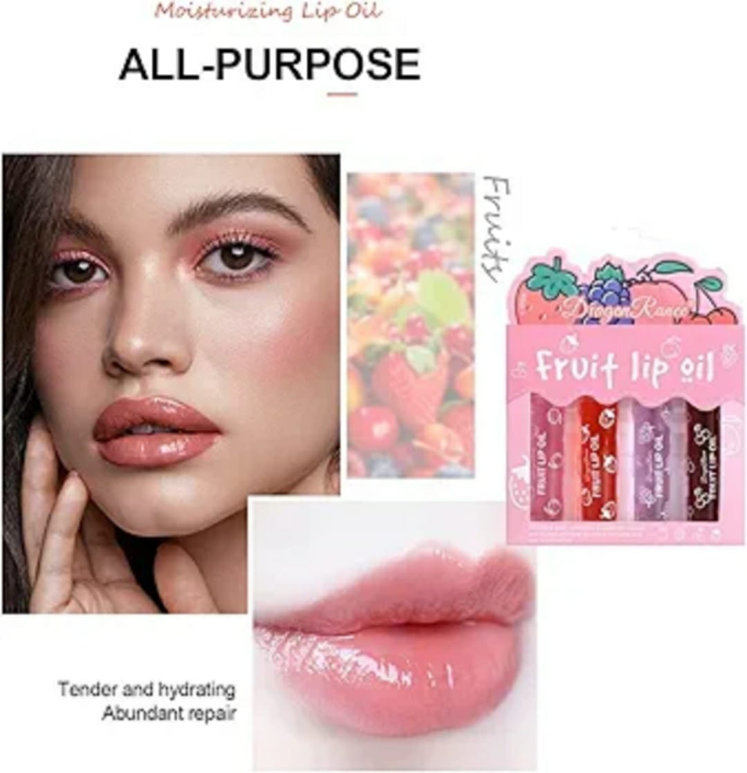 pack of 4 fruit lip oil non sticky set in peach, grape, strawberry, cherry flavor pack of 4 fruit lip oil non sticky set in peach, grape, strawberry, cherry flavor