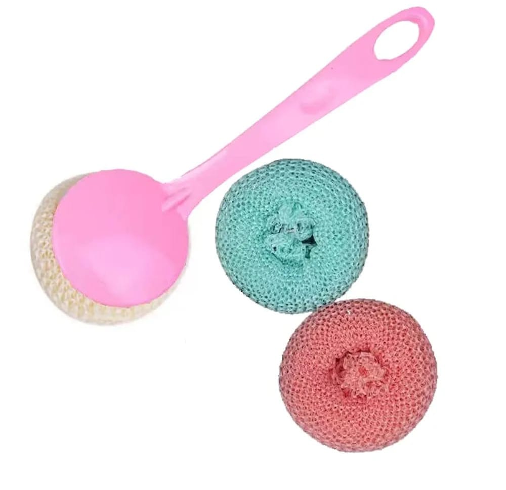 multipurpose fiber cleaning balls with long handle ? reusable scrubbers for kitchen & household cleaning (1 handle & 3 balls)(random color) multipurpose fiber cleaning balls with long handle ? reusable scrubbers for kitchen & household cleaning (1 handle & 3 balls)(random color)