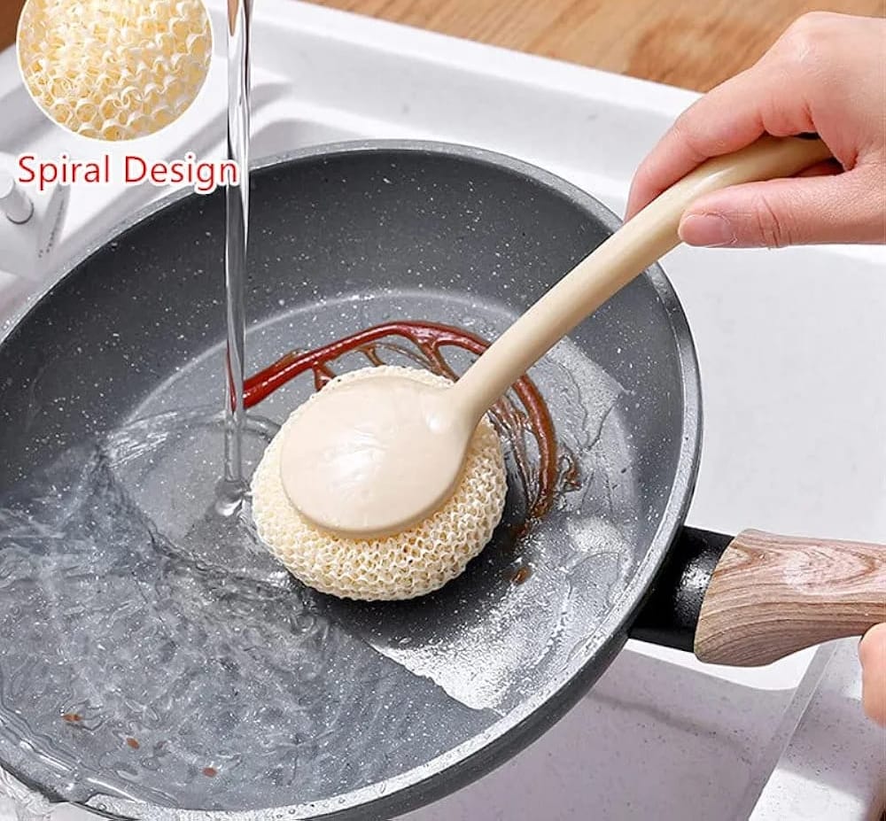 multipurpose fiber cleaning balls with long handle ? reusable scrubbers for kitchen & household cleaning (1 handle & 3 balls)(random color) multipurpose fiber cleaning balls with long handle ? reusable scrubbers for kitchen & household cleaning (1 handle & 3 balls)(random color)